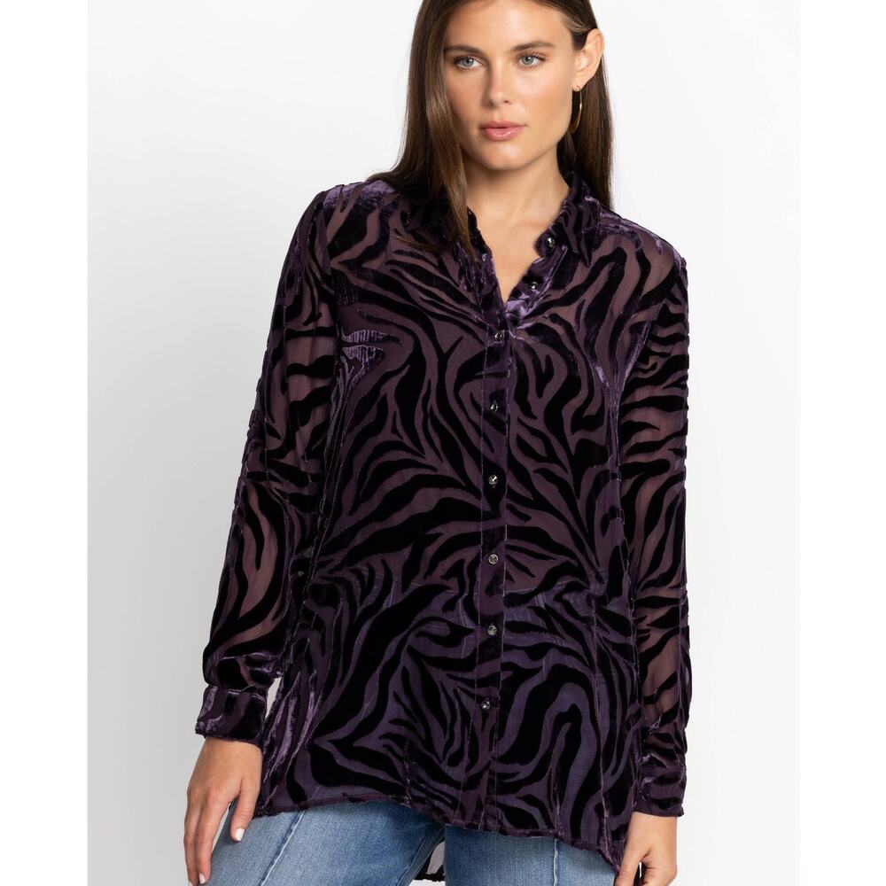 Johnny Was Twilight Silk Blend Button Up Shirt Burnout Velvet Purple Sheer XS